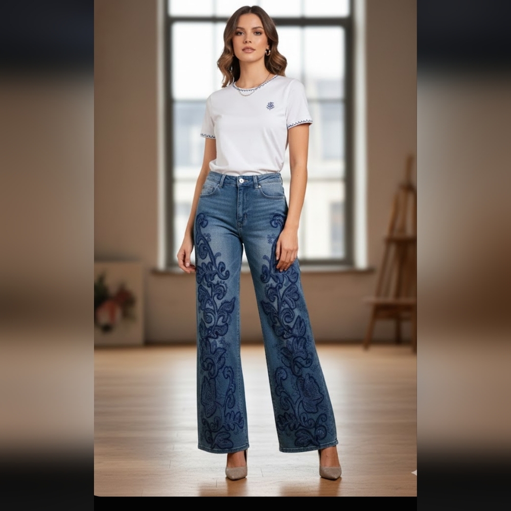 Embroidered Blue Jeans With Embroidery Cut Out On Sides for Women - Picture 2 of 2